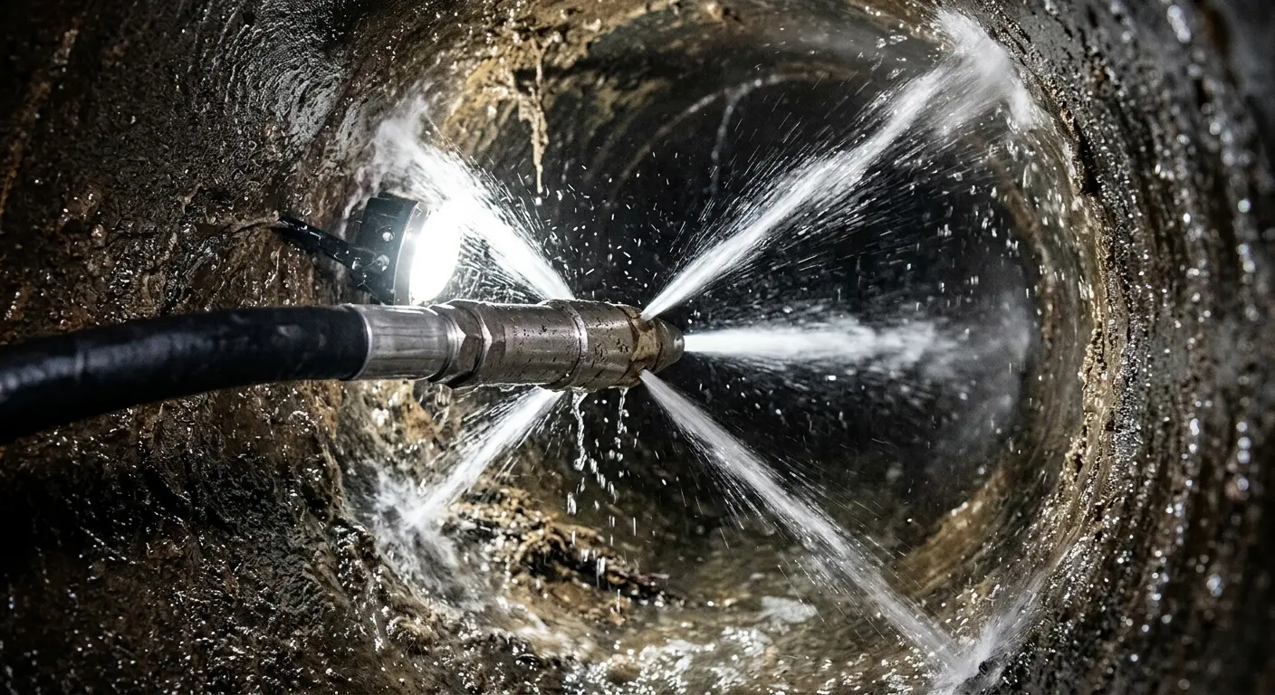 High-pressure hydro jetting nozzle cleaning sewer pipe for Emergency Drain Service in Nuevo