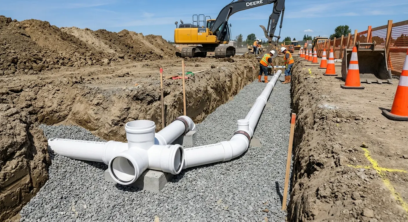 New PVC sewer pipe installation in open trench for Sewer Backup in Nuevo