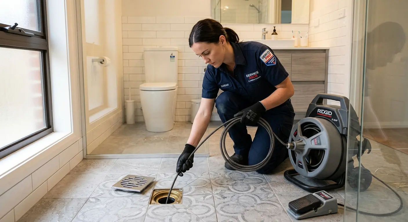 Technician clearing a bathroom floor drain for Sewer Line Replacement in Nuevo